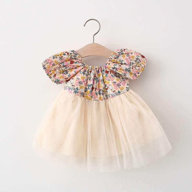 Baby Girl Floral Pattern Summer Mesh Hem Dress - PrettyKid