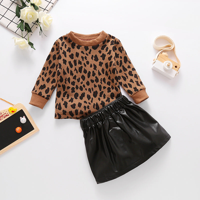 Toddler Kids Girls Pullover Brown Leopard Print Yarn Dyed Top Leather Zipper Skirt Two Piece Set - PrettyKid