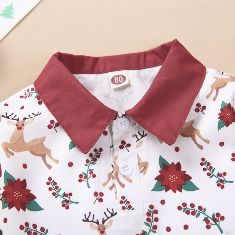 Toddler Boys Long Sleeve Christmas Printed Shirt Solid Color Suspender Pants Set - PrettyKid