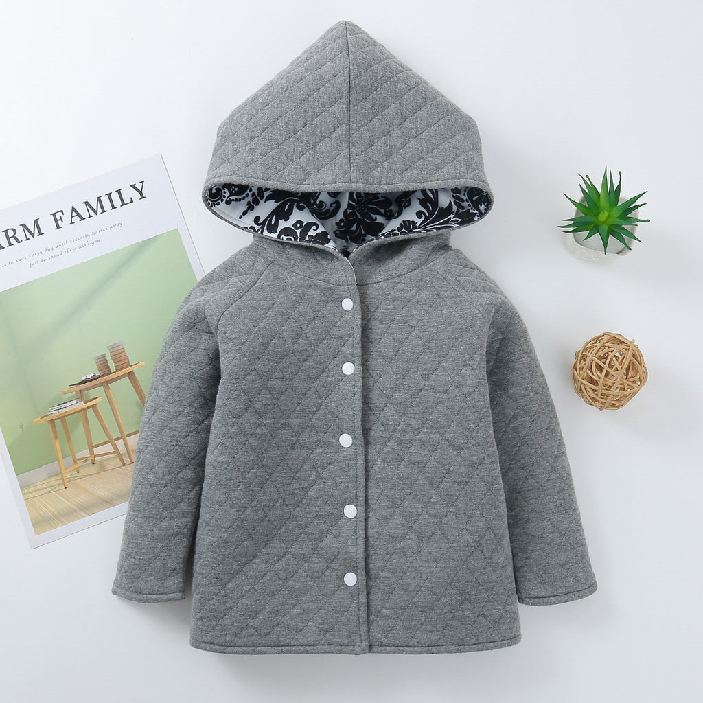 Toddler Boys Girls Solid Color Hooded Print Double-sided Hooded Button Cardigan Coat - PrettyKid