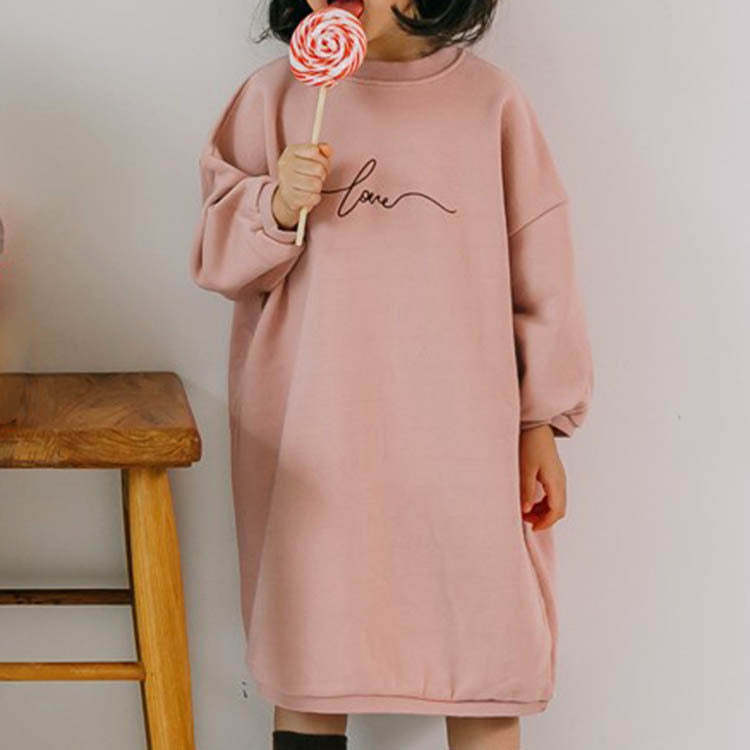 Girls Solid Color Letter Print Loose Sweater Dress - PrettyKid
