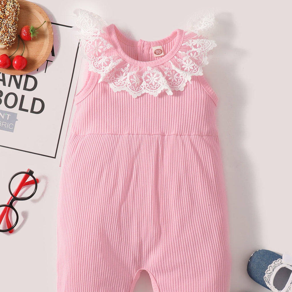 Baby Girls Solid Color Striped Lace Jumpsuits