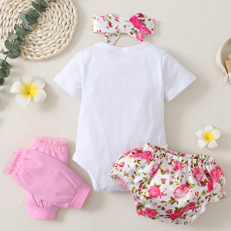 4 Pieces Set Baby Girls Letters Rompers Flower Shorts Bow Headwear And Others accessories