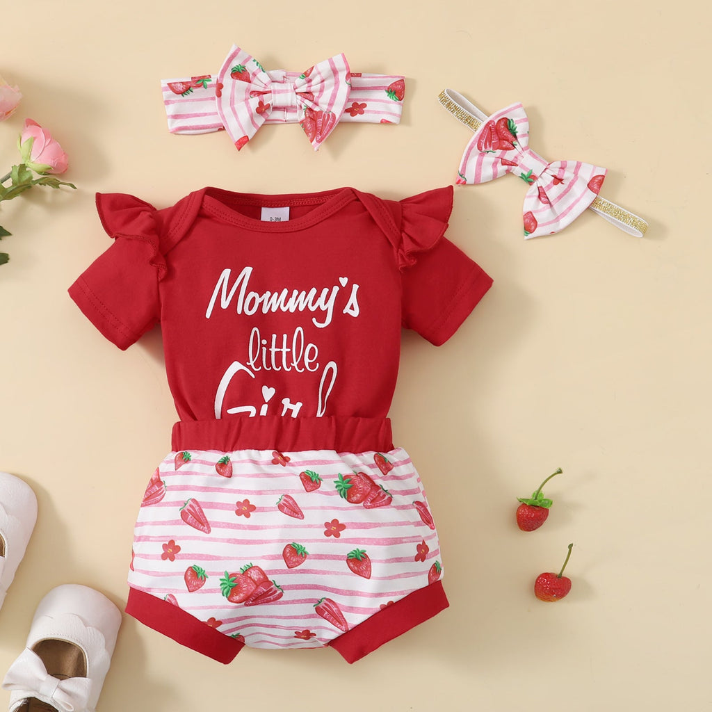 3 Pieces Set Baby Girls Letters Rompers Fruit Print Shorts And Bow Headwear