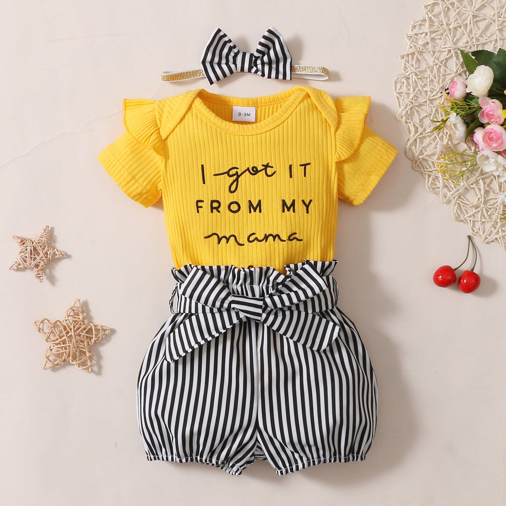 3 Pieces Set Baby Girls Letters Rompers Striped Shorts And Bow Headwear