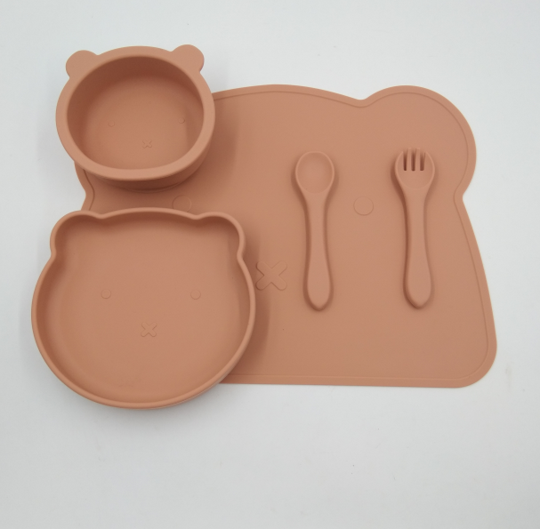 Children's Tableware Set Solid Color Bear Silicone Bowl Dinner Plate Meal Pad Fork Spoon 4-piece Set - PrettyKid