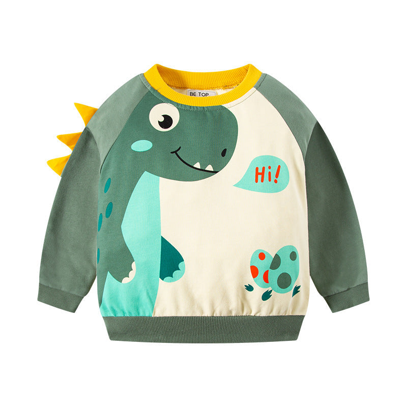 Boys Dinosaur Pattern Colorblock Long Sleeve Pullover Wholesale Toddler Boy Tops - PrettyKid