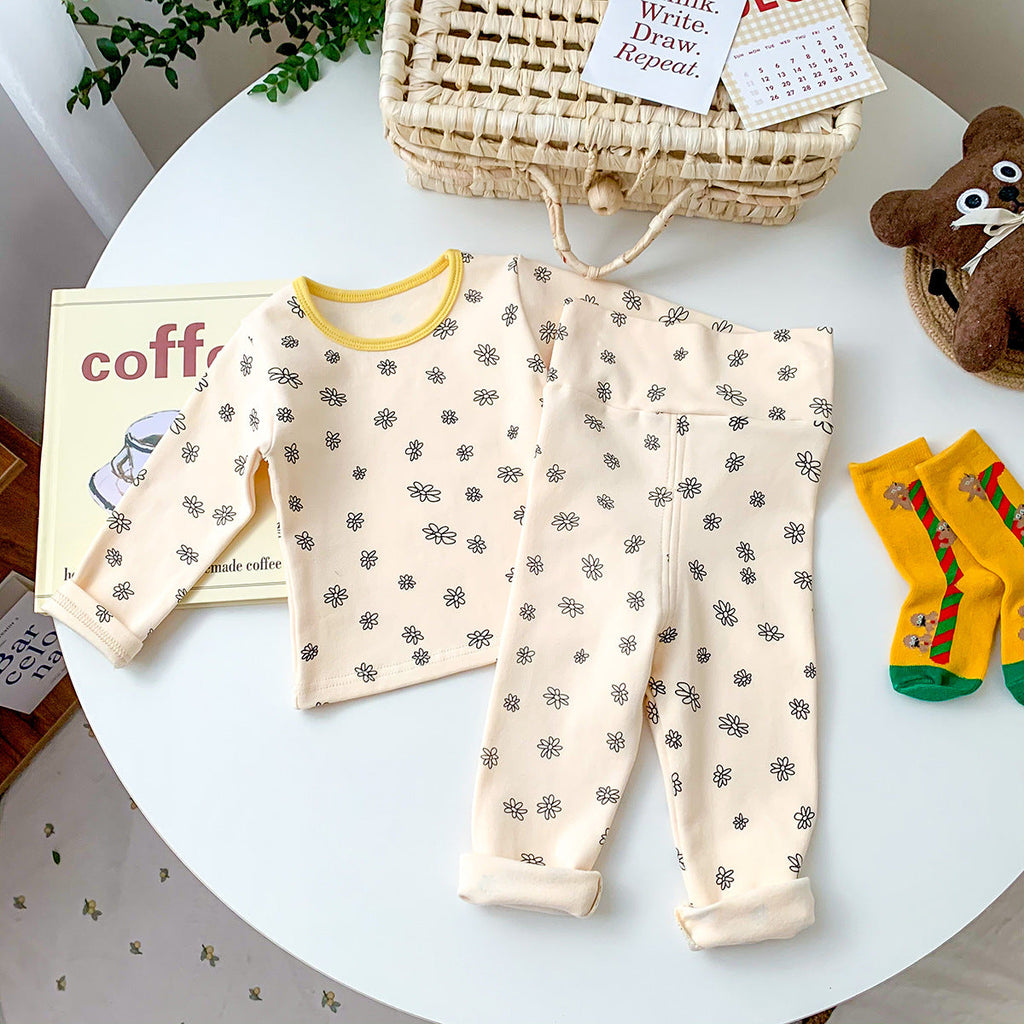 Bear & Flower Print Top And Pants Two Piece Pajamas Baby Sets - PrettyKid