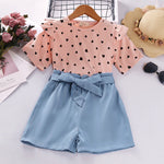 4-12Y Heart Print Short Sleeve Belt-Up Girls Shorts Set Wholesale Trendy Kids Clothing - PrettyKid