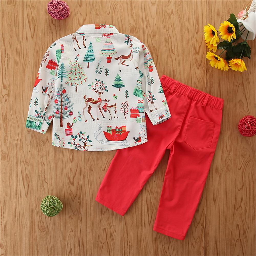 Boys Elk Printed Christmas Long Sleeve Lapel Shirts & Red Pants Boys Casual Suits - PrettyKid