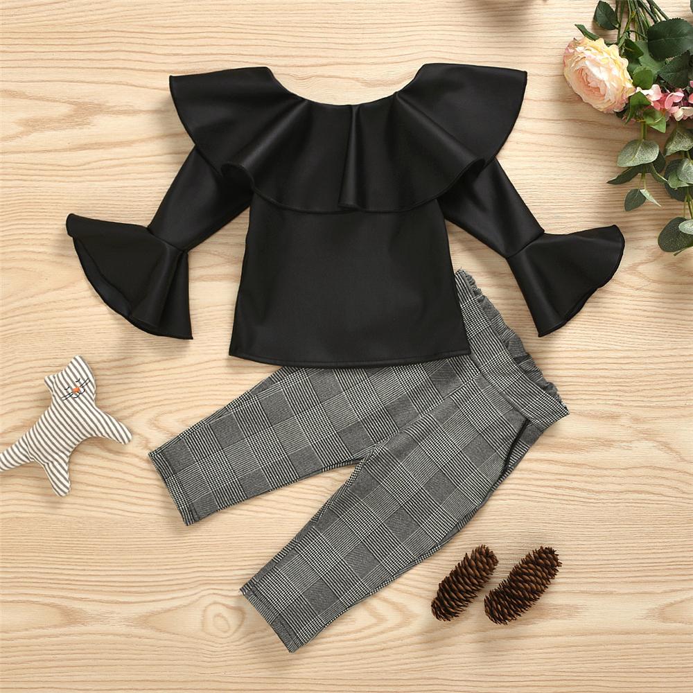 Girls Flared Sleeve PU Top & Plaid Trousers Girls Clothing Wholesalers - PrettyKid