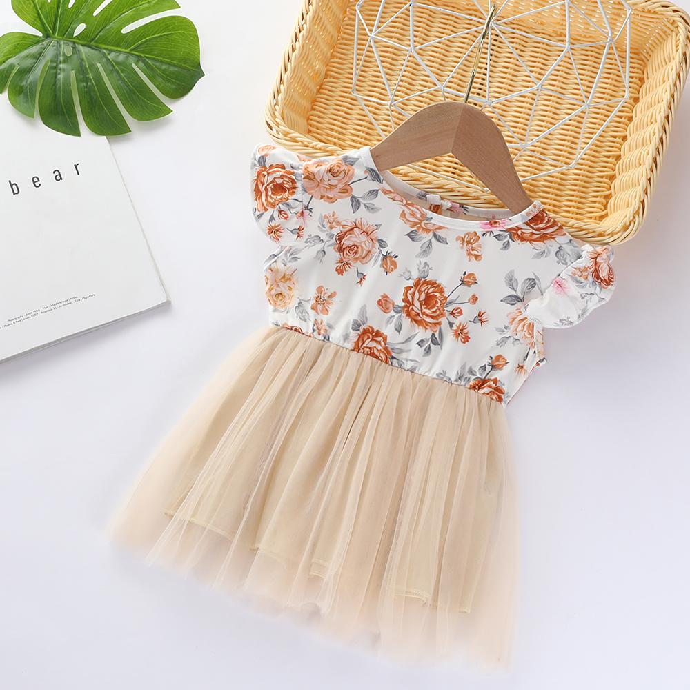 Girls Floral Printed Sleeveless Splicing Tulle Dress Kids Wholesale clothes - PrettyKid