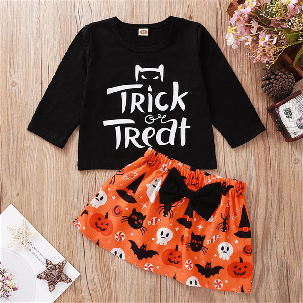 Girls Halloween Letter Printed Top Bow Skirt Cheap Boutique Baby Clothes PrettyKid