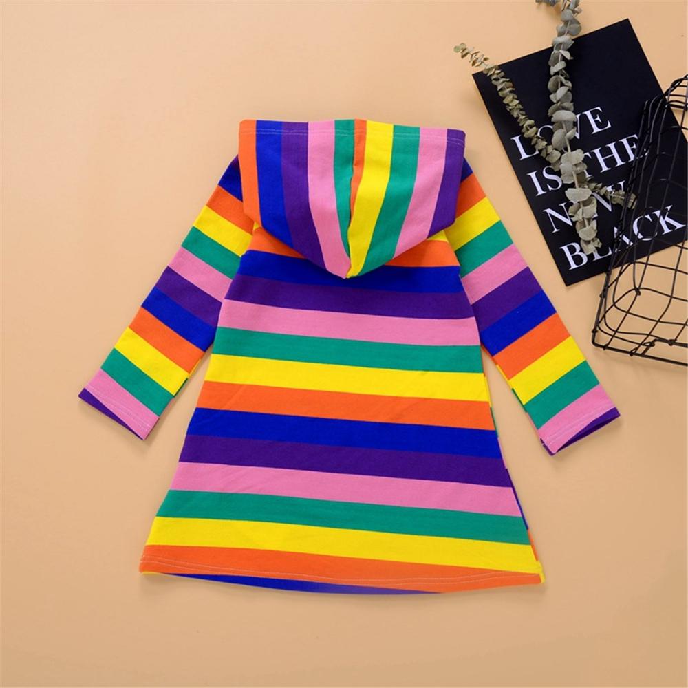 Girls Hoodie Raibow Striped Long Sleeve Dress Girl Wholesale - PrettyKid