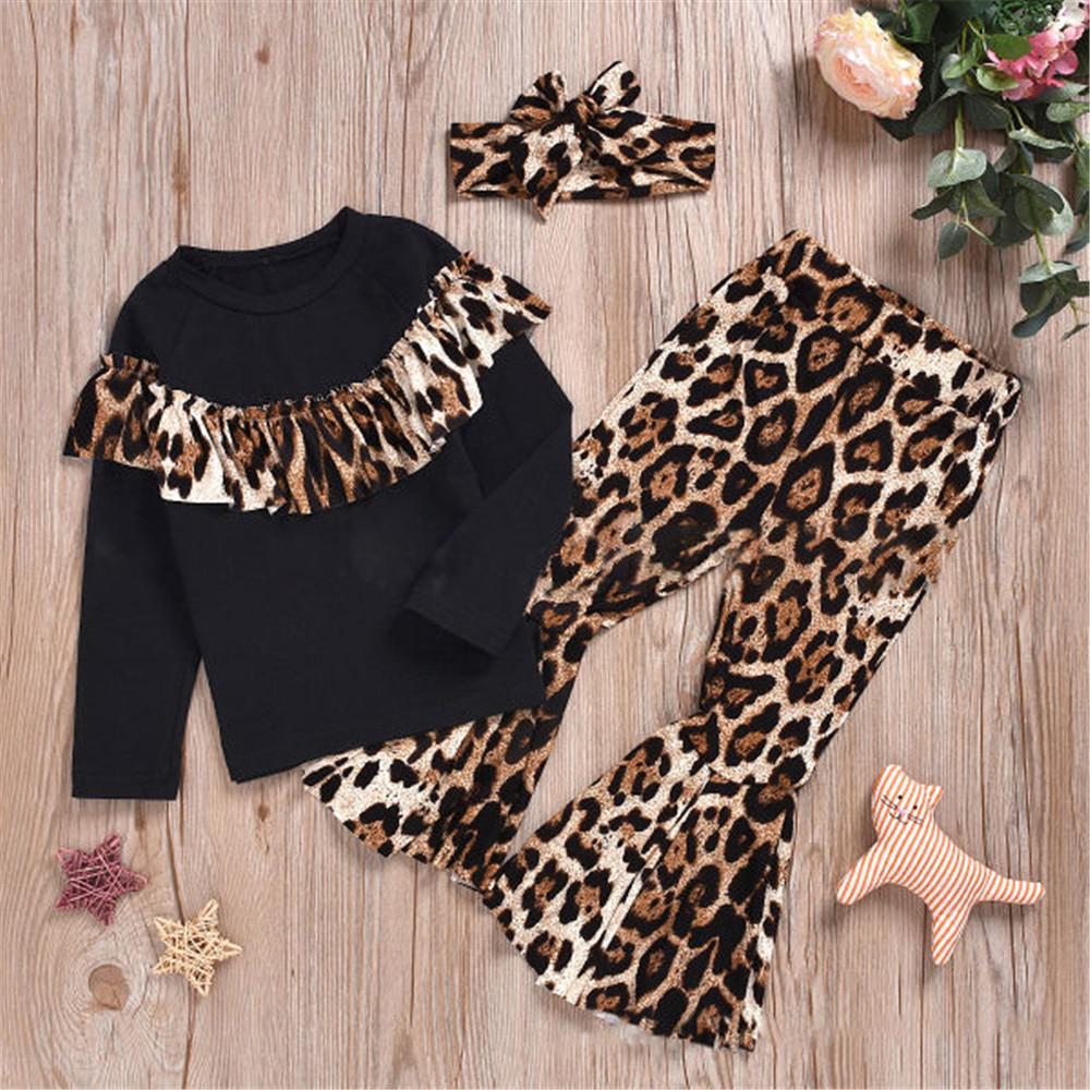 Girls Long Sleeve Leopard Top & Flare Trousers & Headband - PrettyKid
