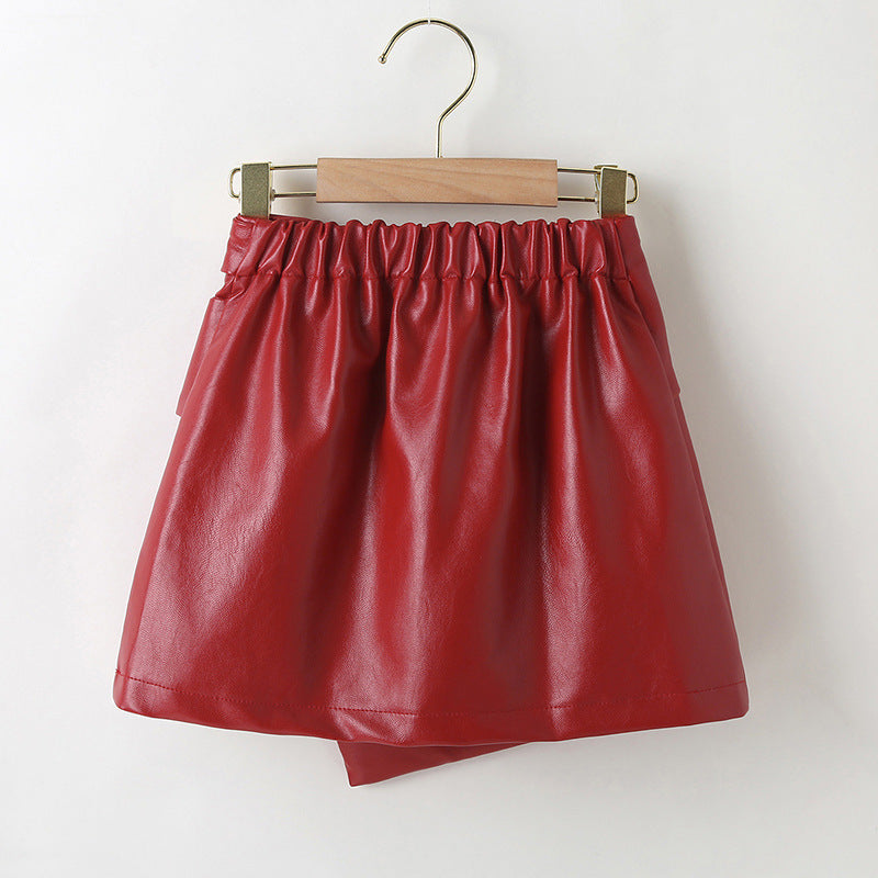 Children Girls PU Leather Red Pleated Skirt - PrettyKid