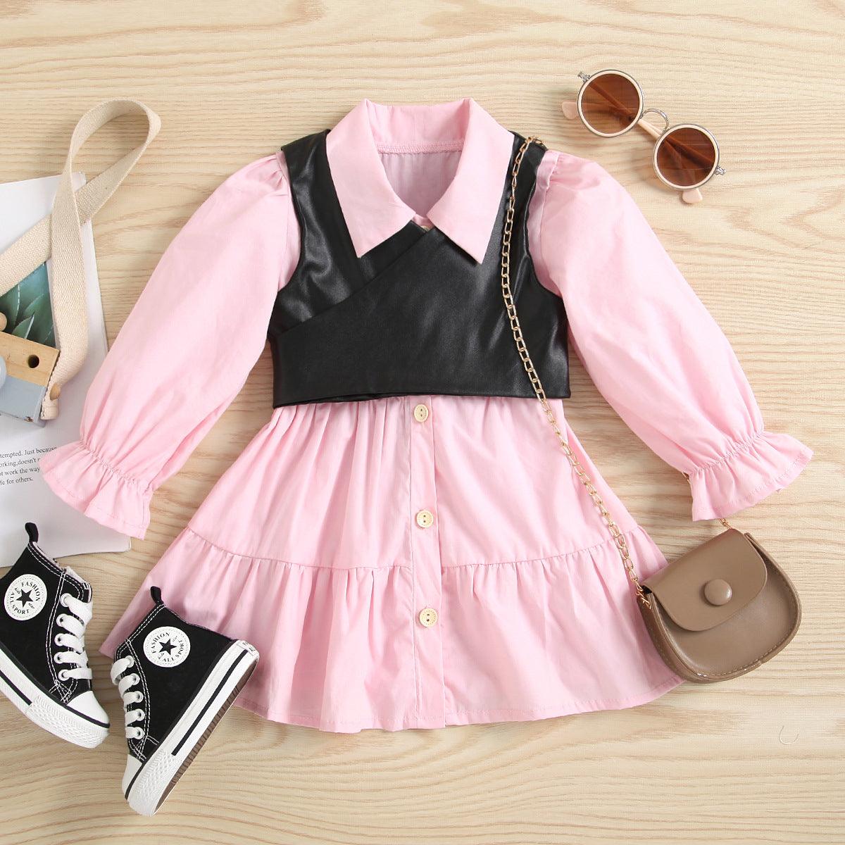 Toddler Kids Girls Pink Shirt Dress PU Leather Vest Suit PrettyKid