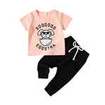 2023 Easter New European and American Girls' Set Letter Rabbit Print Short Sleeve Top Black Pants Two Piece Set - PrettyKid