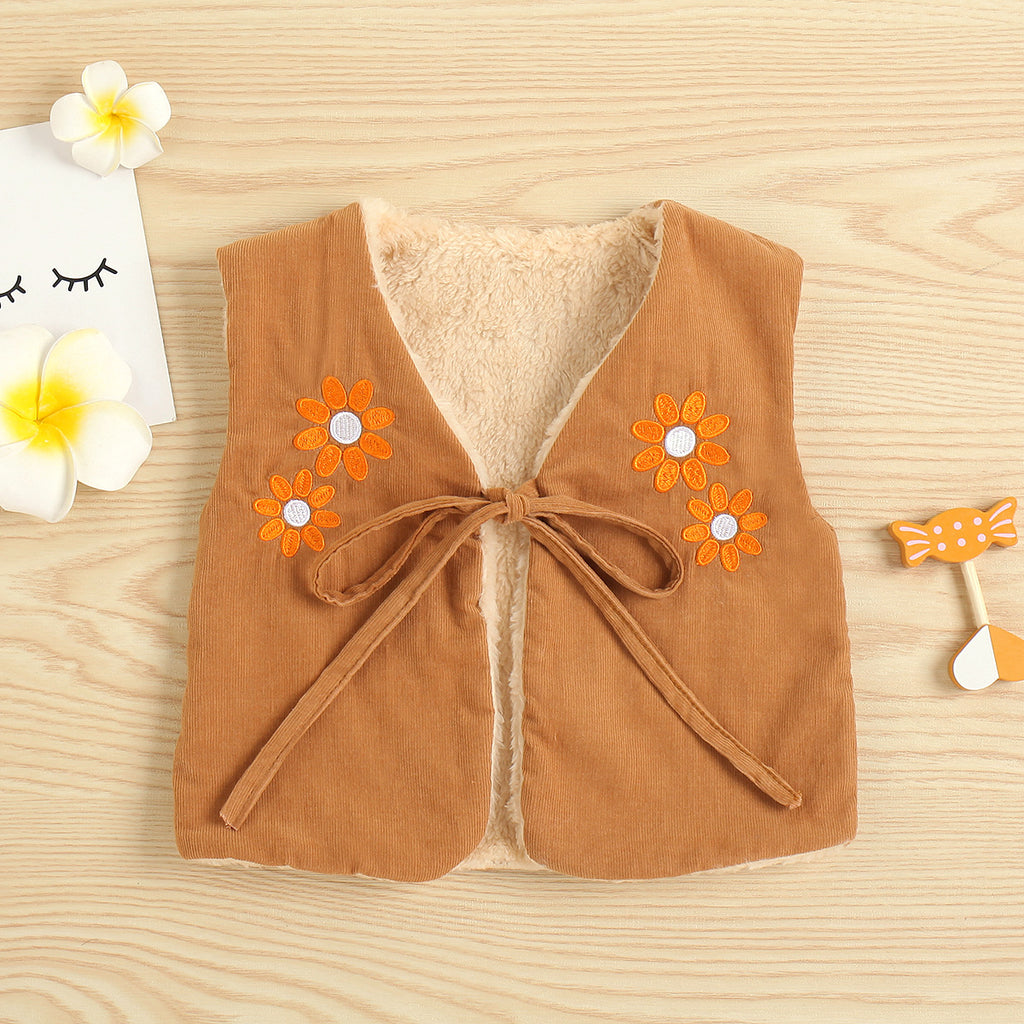 Toddler Kids Girls Corduroy Flower Embroidered Plush Vest - PrettyKid