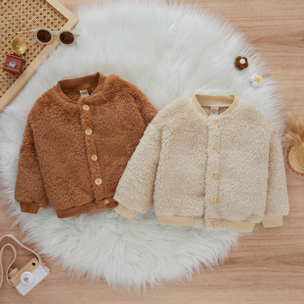 Toddler Kids Boys and Girls Winter Plush Buttons Stand Collar Solid Color Long-sleeved Jacket Cardigan - PrettyKid