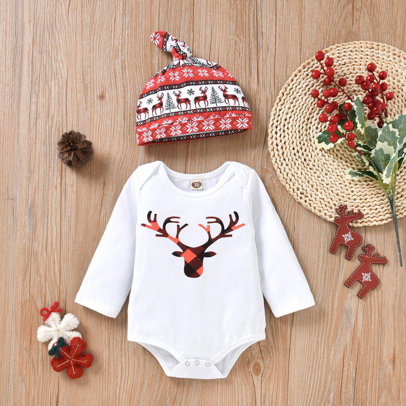 2022 Baby Boys Girls Solid Cartoon Fawn Print Long Sleeve Romper Trousers Hat Christmas Suit - PrettyKid