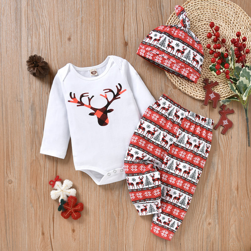 2022 Baby Boys Girls Solid Cartoon Fawn Print Long Sleeve Romper Trousers Hat Christmas Suit - PrettyKid