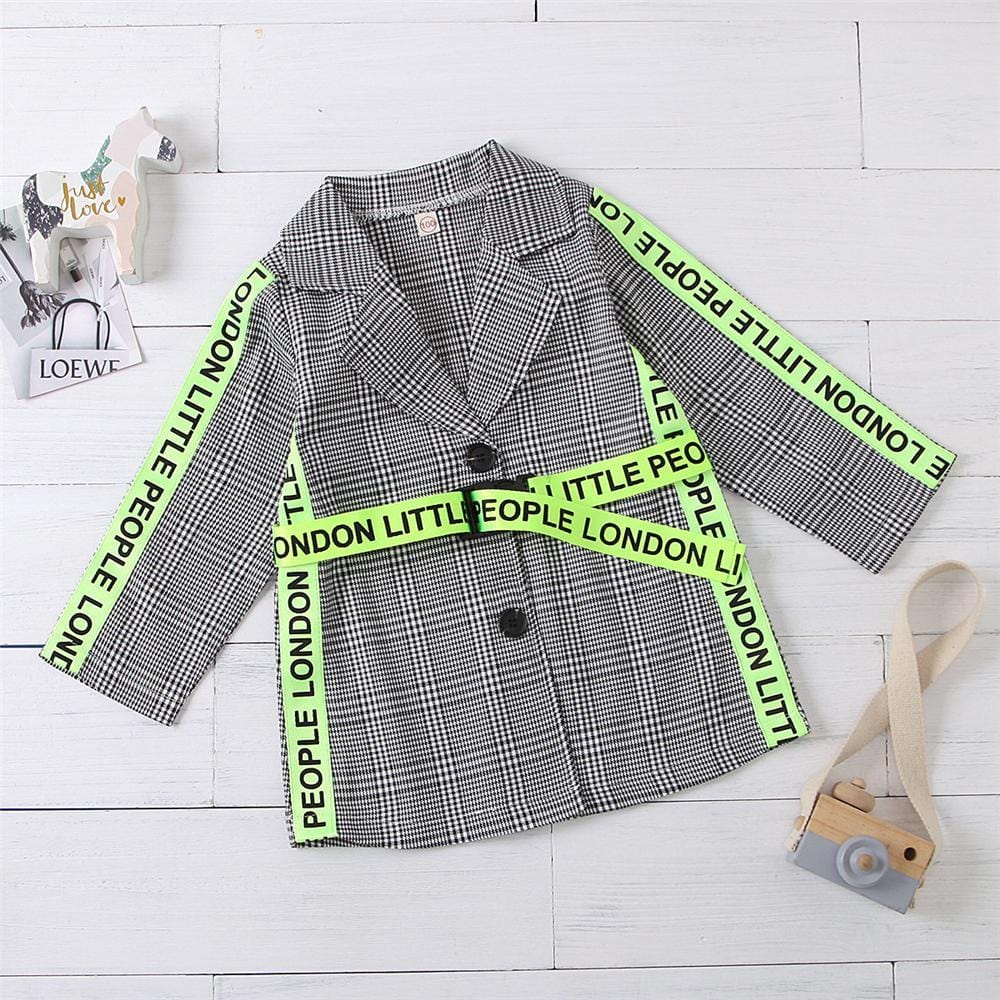 Girls Plaid Fluorescent Letters Ribbon Belt Long Sleeve Coat Girl Wholesale - PrettyKid