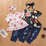Girls Short Sleeve Floral Printed Top & Ripped Jeans & Headband Girls Clothing Wholesale - PrettyKid