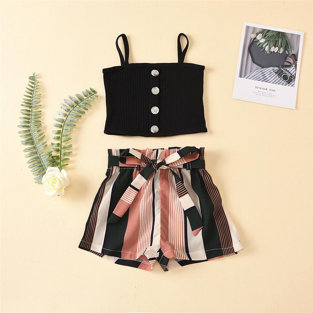 Girls Solid Color Button Sling Top & Striped Shorts Kids Wholesale Clothing - PrettyKid
