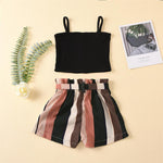 Girls Solid Color Button Sling Top & Striped Shorts Kids Wholesale Clothing - PrettyKid