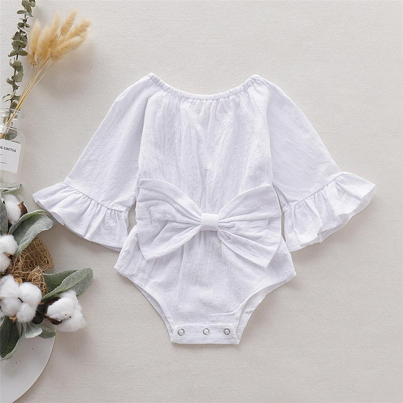 Baby Girls Solid Cotton Linen Bow Decor Long Sleeve Rompers - PrettyKid