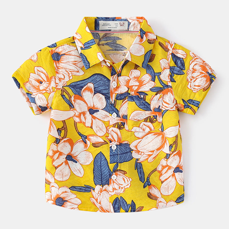 18M-7Y Lapel Print Short Sleeve Summer Beach Toddler Boy Shirts Wholesale Toddler Clothing - PrettyKid