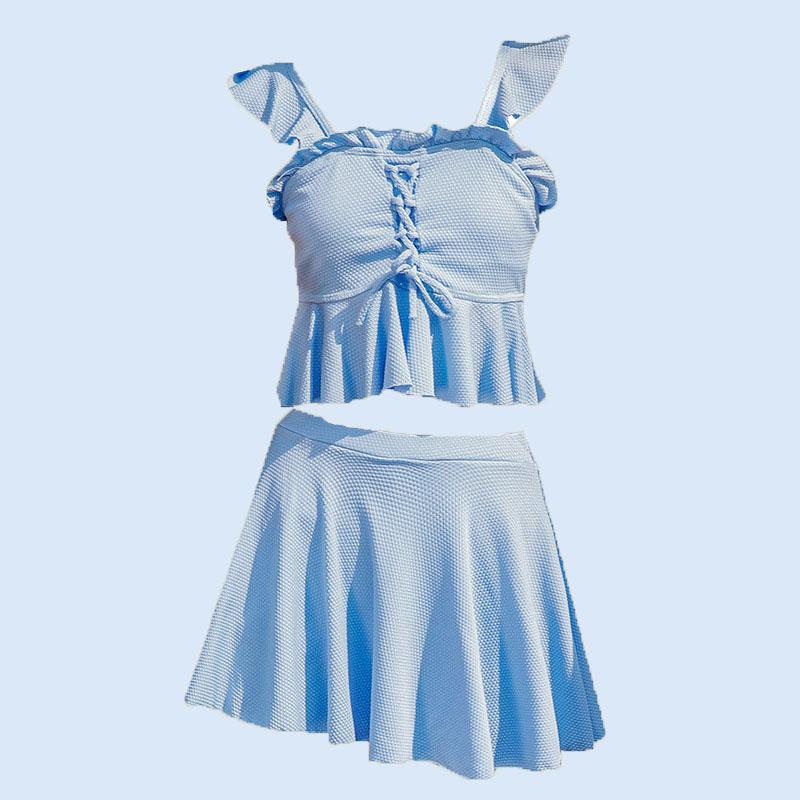 Kid Girl Solid Color Cami Ruffle Swimsuits 2 Pic - PrettyKid