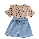 4-12Y Heart Print Short Sleeve Belt-Up Girls Shorts Set Wholesale Trendy Kids Clothing - PrettyKid
