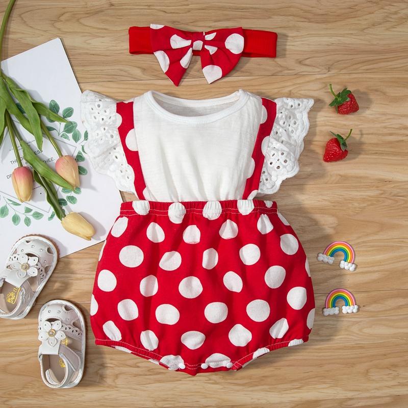 Baby Girl Polka Dot Print Fake Two Bodysuit & Headband Children's Clothing - PrettyKid