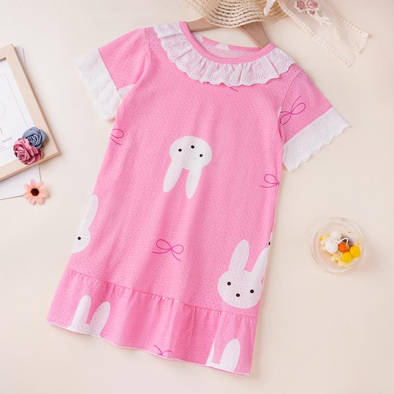 Toddler Girl Rabbit Pattern Lace Stitching Pajamas Dress Children's Clothing - PrettyKid
