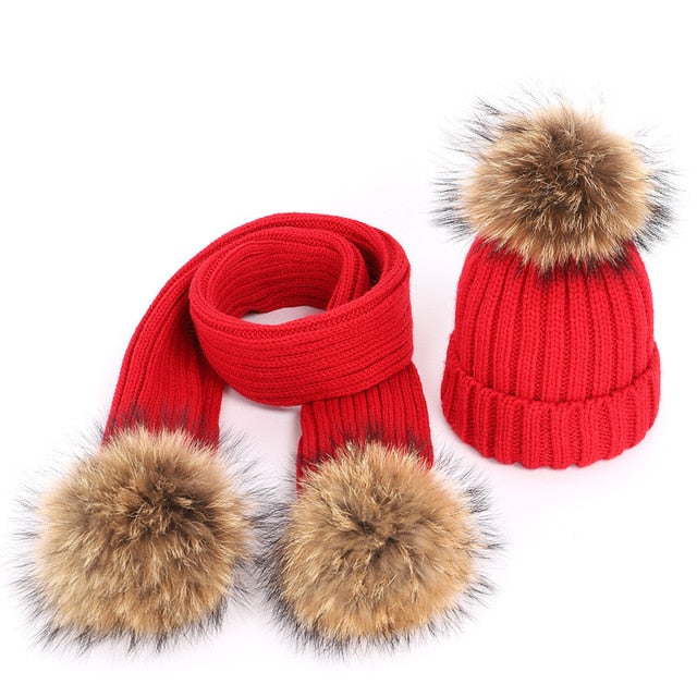 Fashion Boys and Girls Hat Set Winter Warm Knitted Bobble Fur Pompom Children Hat and Scarf Suit Manufactuer - PrettyKid