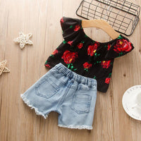 2pcs Fashion Floral Top and Jeans Wholesale children's clothing - PrettyKid