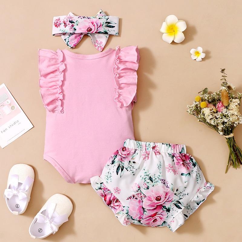 Baby Ruffle Bodysuit & Floral Print Shorts & Bowknot Headband Children's Clothing - PrettyKid