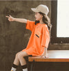 Girl Solid Color Cartoon Letter Printed Round Neck Short Sleeve Long T-shirt - PrettyKid