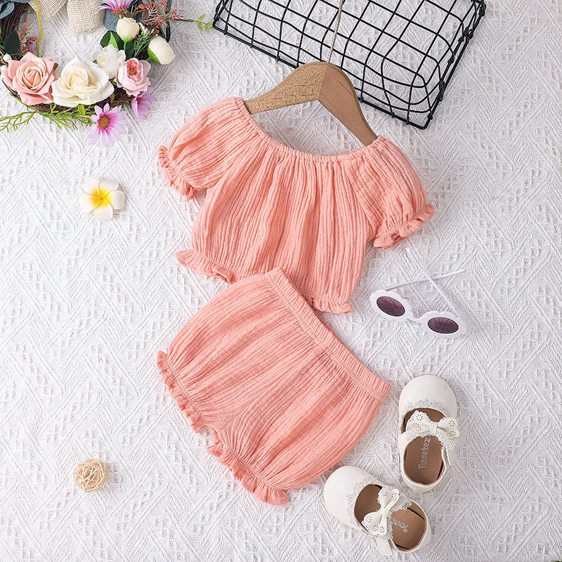 Baby Girls Sets Pink Muslin Off-Shoulder Top And Shorts Wholesale Baby Clothes - PrettyKid