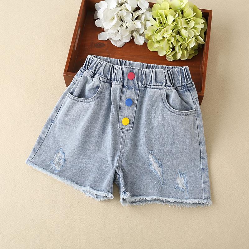 Kid Girl Color Button Casual Denim Shorts - PrettyKid