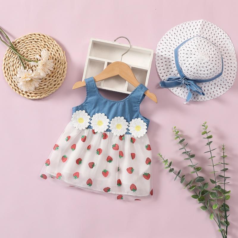 Grow Girl Strawberry Pattern Mesh Hem Dress & Straw Hat - PrettyKid