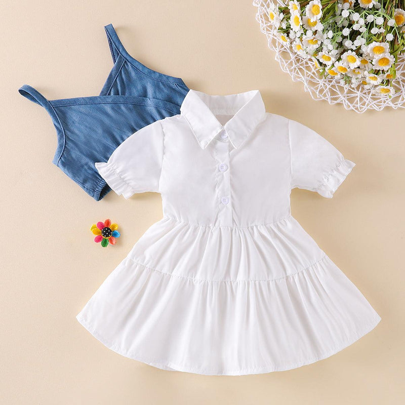 Baby Girl Outfit Sets Denim Cami Crop Top & White Shirts Dresses - PrettyKid