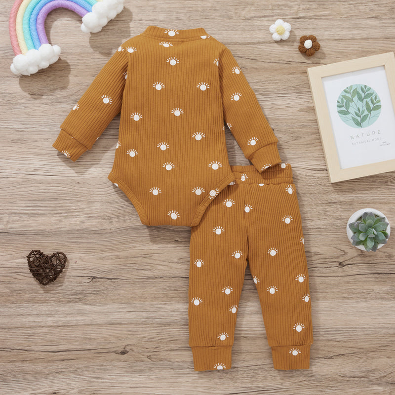 Baby Stand Collar Sun Print Bodysuit And Trousers Baby Clothes Set - PrettyKid