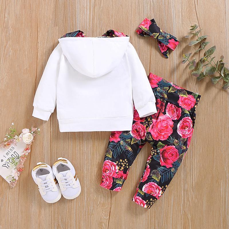 3-piece Floral Printed Hoodie & Pants & Headband for Baby Girl - PrettyKid