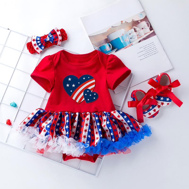 Baby Girl Independence Day Heart-shaped Print Mesh Tutu Hem Bodysuit & Headband Children's Clothing - PrettyKid