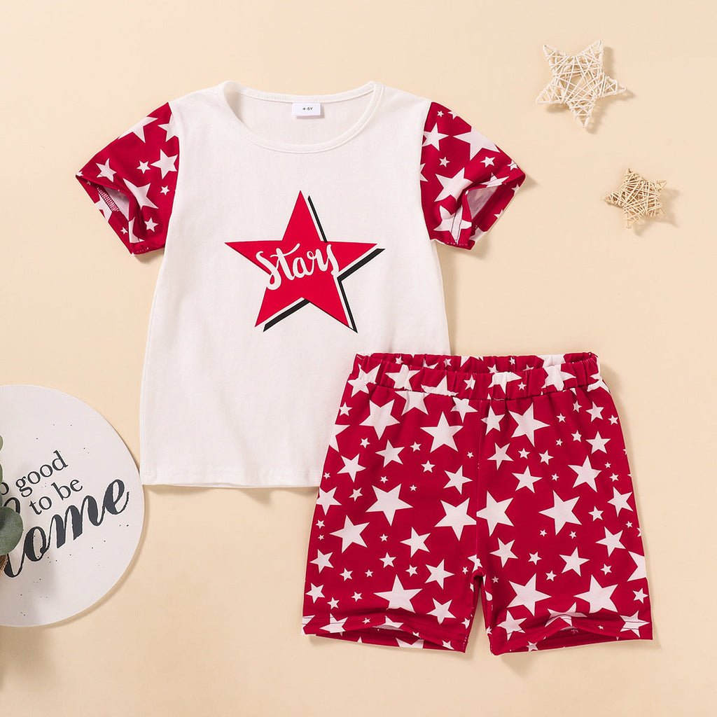 Colorblock Star Pattern Top And Shorts Suit Kids Clothing Wholesale - PrettyKid