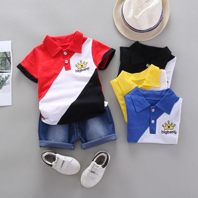 2-piece Color-block Polo Shirt & Short Jeans for Children Boy - PrettyKid