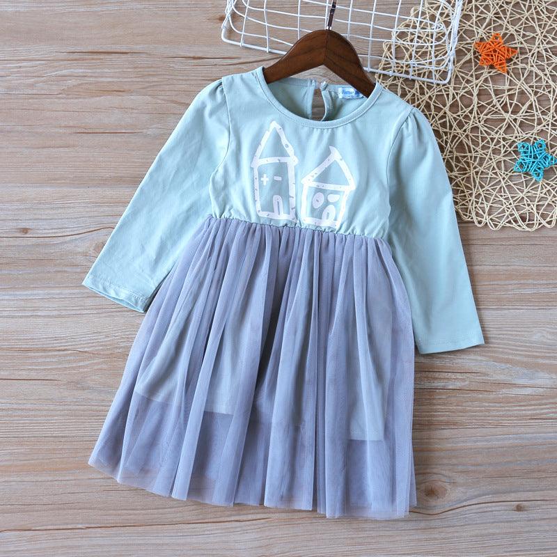 Cartoon Printed Mesh Stitching Toddler Girl Cotton Dresses - PrettyKid